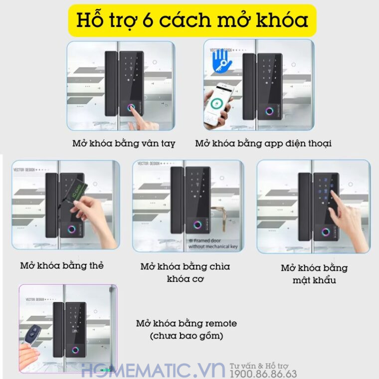 Khóa Vân Tay Cửa Kính Cường Lực Thông Minh Không Khoan đục Exsmith Jd-s1 hỗ trợ 6 cách mở khóa