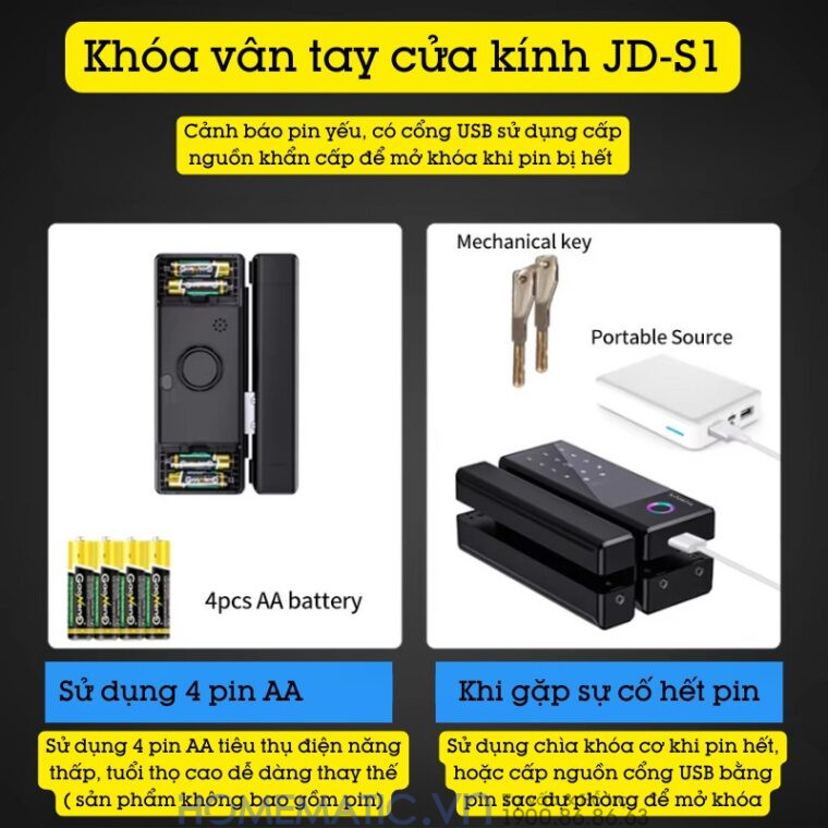 Khóa Vân Tay Cửa Kính Cường Lực Thông Minh Không Khoan đục Exsmith Jd-s1 xử lý sự cố khi hết pin Khóa Vân Tay Cửa Kính Cường Lực Thông Minh Không Khoan đục Exsmith Jd-s1 xử lý sự cố khi hết pin