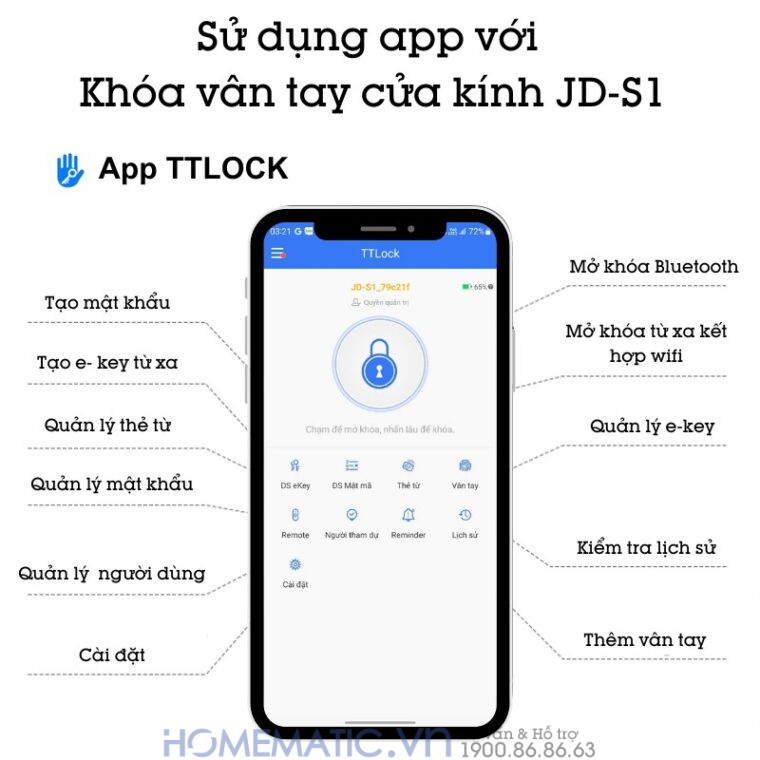 Khóa Vân Tay Cửa Kính Cường Lực Thông Minh Không Khoan đục Exsmith Jd-s1 sử dụng app để quản lý chức năng