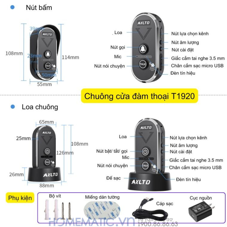 Chuông Cửa Không Dây đàm Thoại 2 Chiều Khoảng Cách Xa Axltd T1920 các chức năng Chuông Cửa Không Dây đàm Thoại 2 Chiều Khoảng Cách Xa Axltd T1920 các chức năng