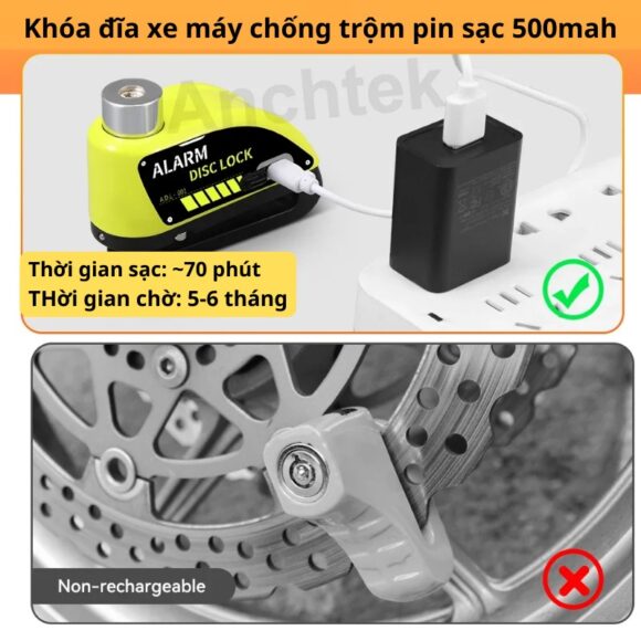 Khóa đĩa Xe Máy Chống Trộm pin sạc