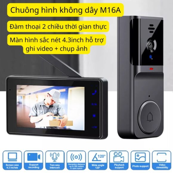 Chuông Hình Không Dây Khoảng Cách Xa Pin Sạc M16a hỗ trợ đàm thoại 2 chiều màn sắc nét