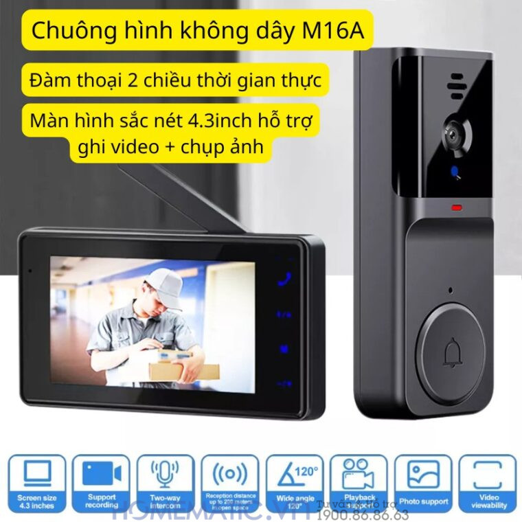 Chuông Hình Không Dây Khoảng Cách Xa Pin Sạc M16a hỗ trợ đàm thoại 2 chiều màn sắc nét