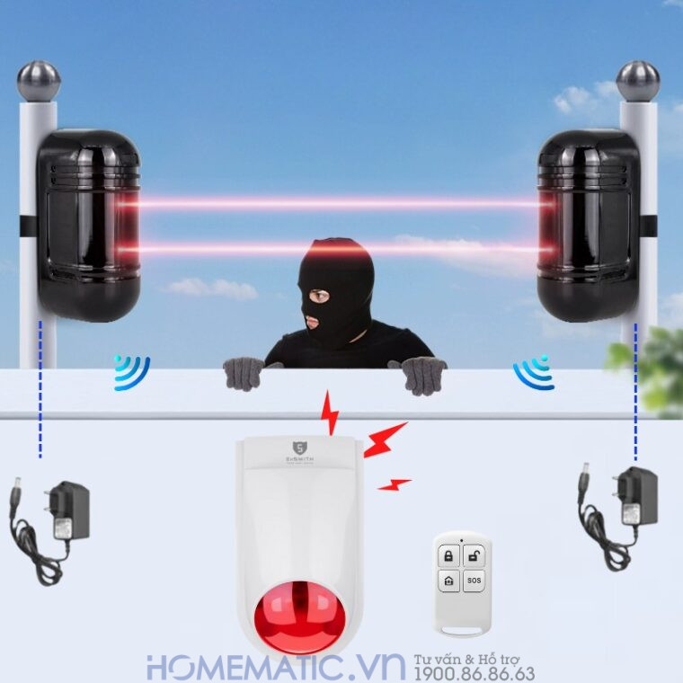 Bộ Báo động Hàng Rào Hồng Ngoại Không Dây Chống Trộm Eskit-abt cắt ngang 2 tia sẽ báo trộm