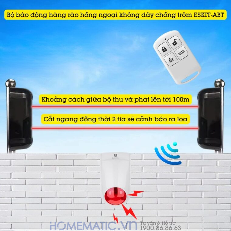 Bộ Báo động Hàng Rào Hồng Ngoại Không Dây Chống Trộm Eskit-abt cắt ngang 2 tia sẽ báo trộm