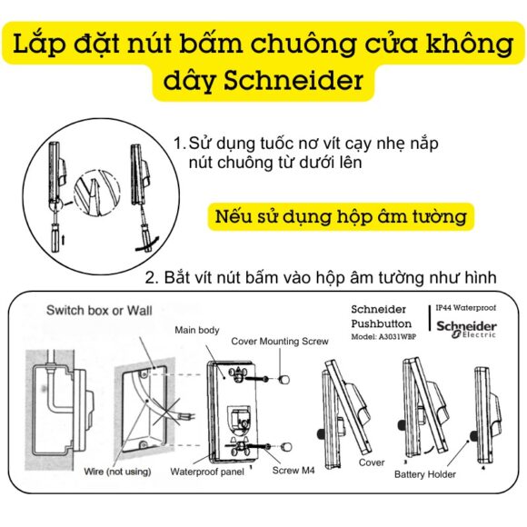 Chuông Cửa Không Dây Cao Cấp Chống Nước Schneider Electric A3031cct cách lắp đặt nút bấm không dây nếu sử dụng hộp âm tường