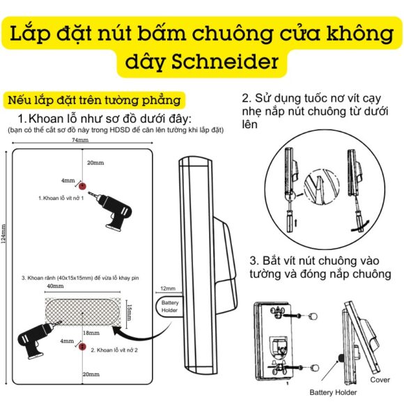 Chuông Cửa Không Dây Cao Cấp Chống Nước Schneider Electric A3031cct cách lắp đặt nút bấm không dây nếu lắp tường phẳng