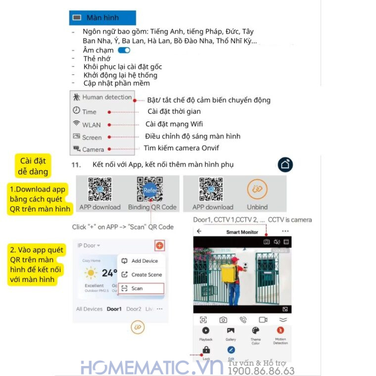 Chuông Cửa Màn Hình 7inch Thông Minh Wifi Smartlife Kw6271 cài đặt kết nối app