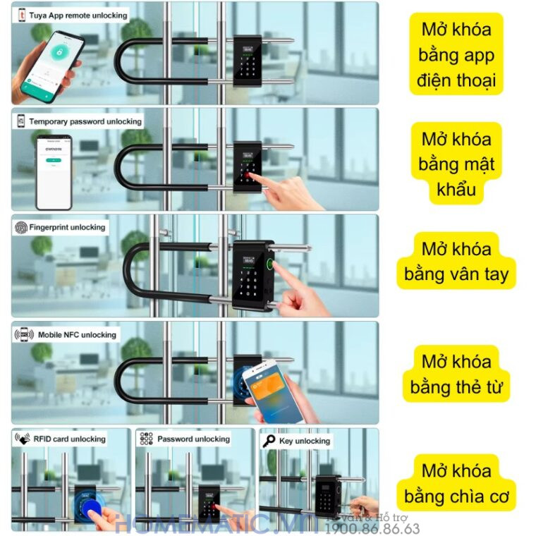 Khóa Cửa Kính Cường Lực Khóa Tay Nắm Cửa Mã Số Vân Tay Thẻ Từ Thông Minh Exsmith U9