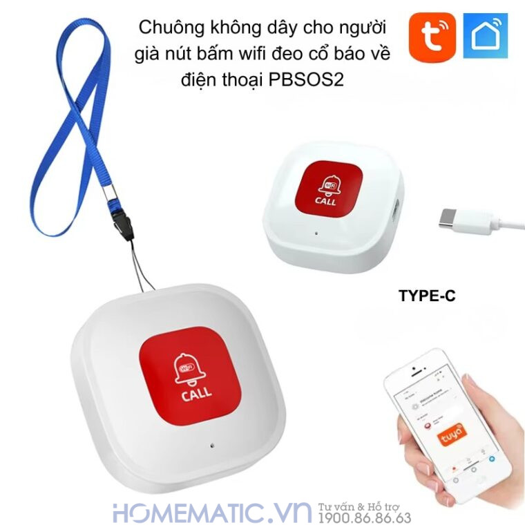 Chuông Bấm Cho Người Già Nút Bấm Wifi đeo Cổ Báo Về điện Thoại Pbsos2