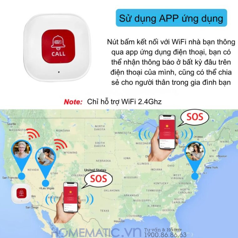 Chuông Bấm Cho Người Già Nút Bấm Wifi đeo Cổ Báo Về điện Thoại Pbsos2