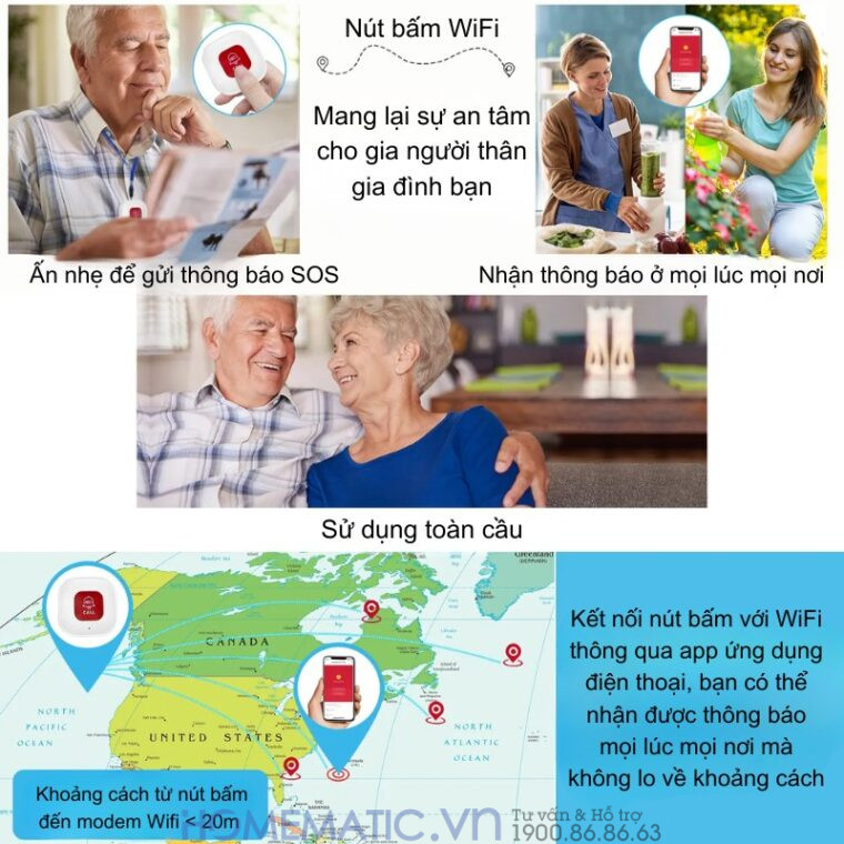 Chuông Bấm Cho Người Già Nút Bấm Wifi đeo Cổ Báo Về điện Thoại Pbsos2