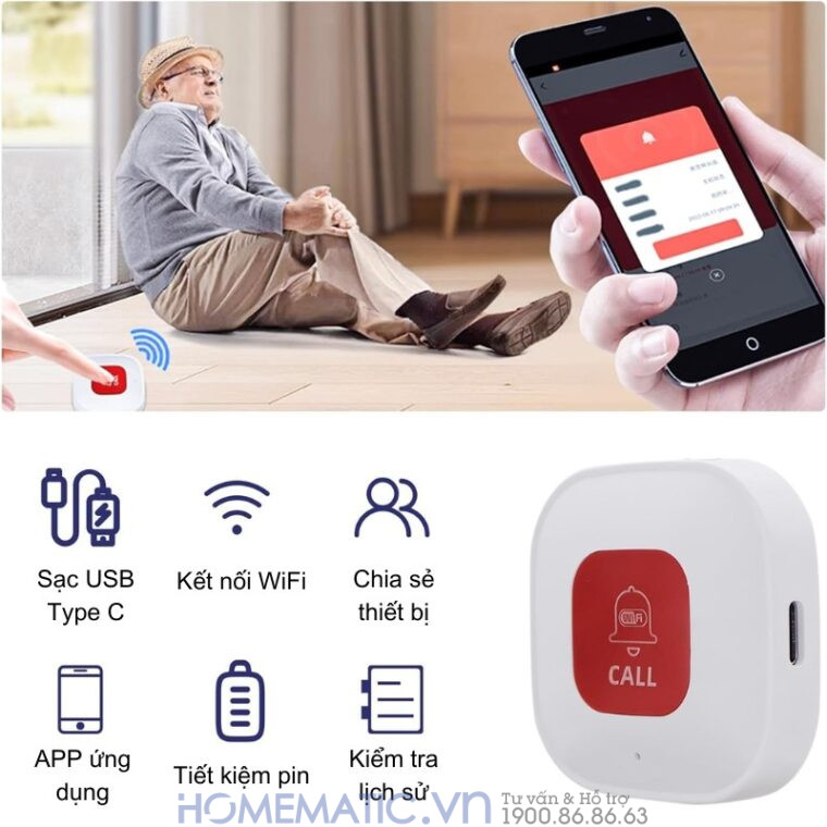 Chuông Bấm Cho Người Già Nút Bấm Wifi đeo Cổ Báo Về điện Thoại Pbsos2