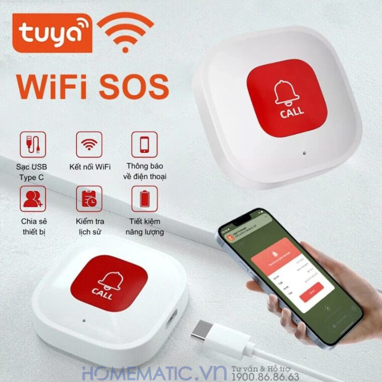 Chuông Bấm Cho Người Già Nút Bấm Wifi đeo Cổ Báo Về điện Thoại Pbsos2