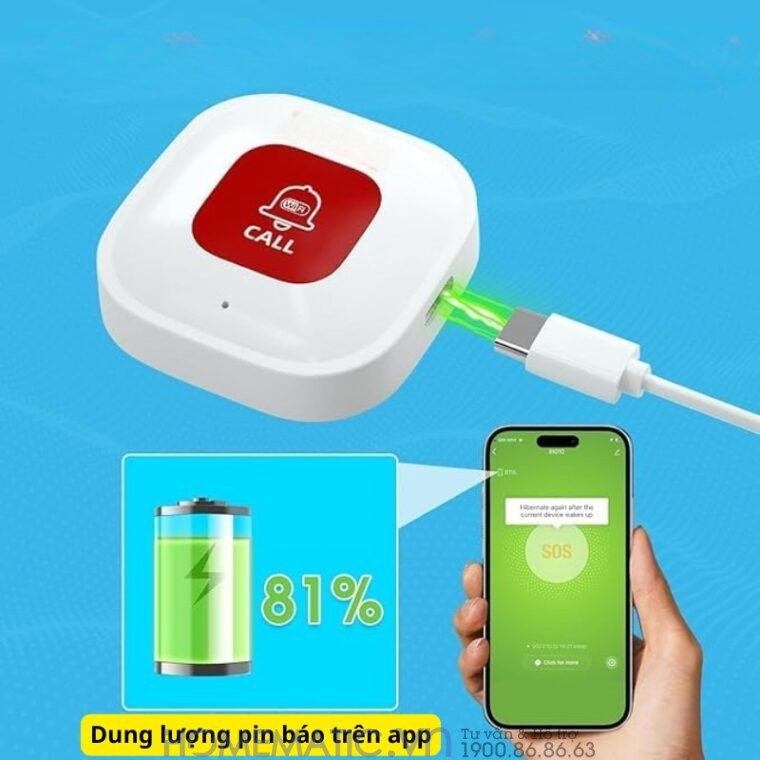 Chuông Bấm Cho Người Già Nút Bấm Wifi đeo Cổ Báo Về điện Thoại Pbsos2 dung lượng pin báo về app