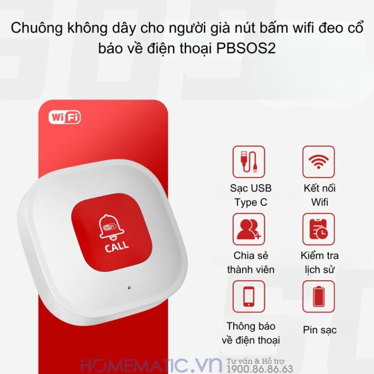 Chuông Bấm Cho Người Già Nút Bấm Wifi đeo Cổ Báo Về điện Thoại Pbsos2