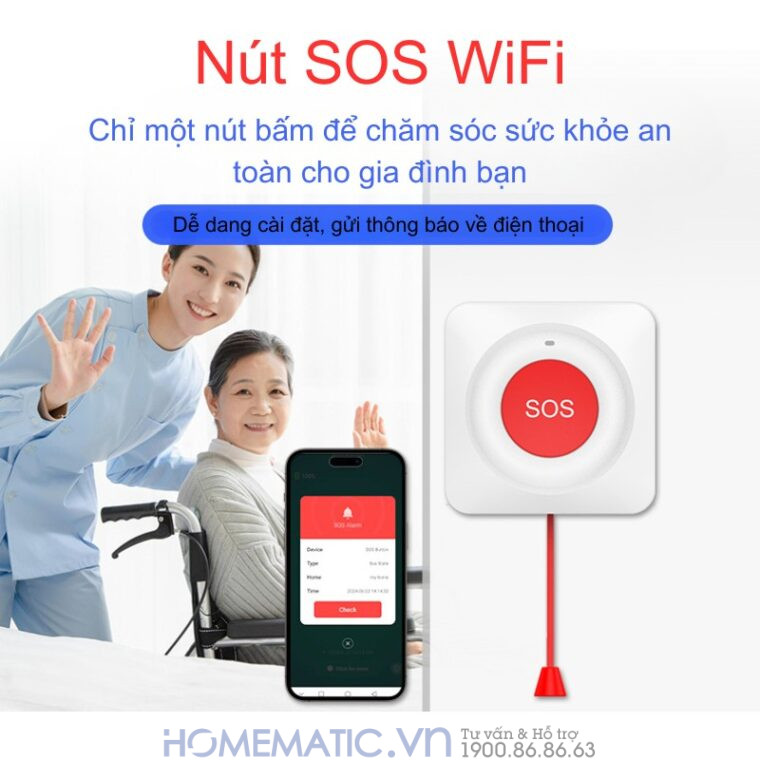 Chuông Báo Người Già Qua điện Thoại Nút Bấm Khẩn Cấp Hỗ Trợ Dây Giật Wifi Pbsos1