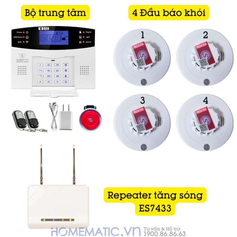 Hệ Thống Báo Cháy Không Dây Gia đình Báo Về điện Thoại 4g + Wifi Es1721f
