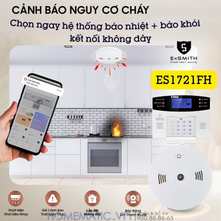 Hệ Thống Báo Cháy Không Dây Gia đình Báo Về điện Thoại 4g + Wifi Es1721fh (đầu Báo Khói + Nhiệt)