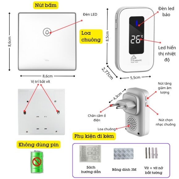 Chuông Cửa Không Dây Không Pin Cao Cấp Homematic T9lw Có đồng Hồ Nhiệt độ Phòng có nhiều tính năng