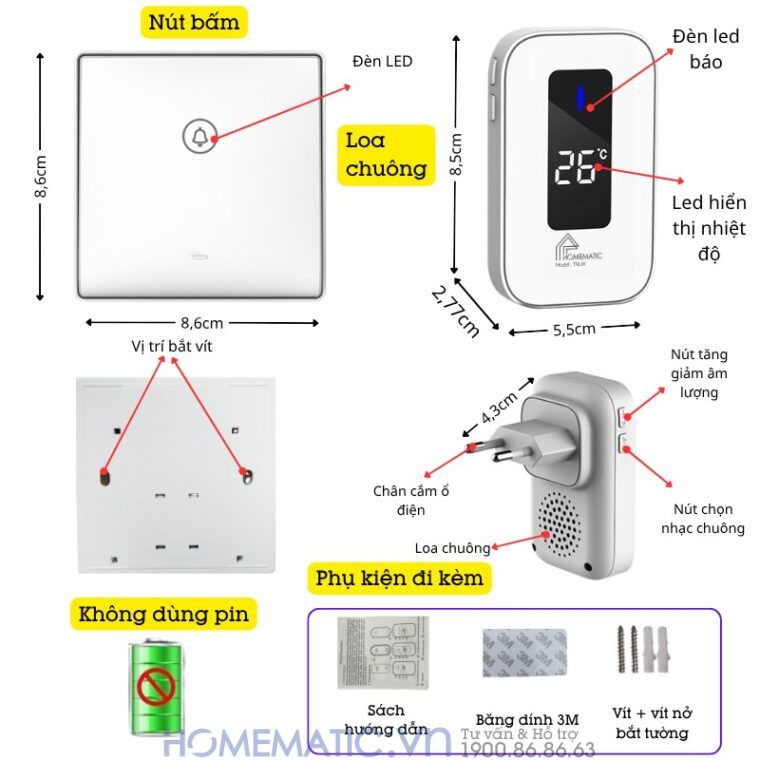 Chuông Cửa Không Dây Không Pin Cao Cấp Homematic T9lw Có đồng Hồ Nhiệt độ Phòng có nhiều tính năng