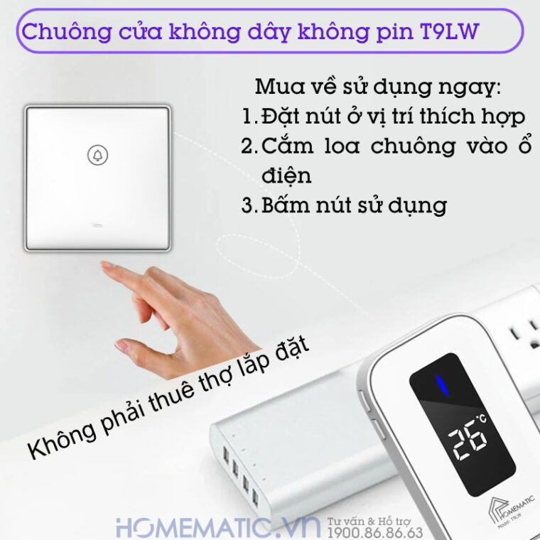 Chuông Cửa Không Dây Không Pin Cao Cấp Homematic T9lw Có đồng Hồ Nhiệt độ Phòng không cần thuê thợ lắp đặt