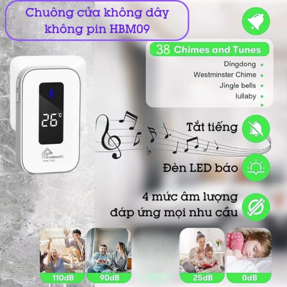 Chuông Cửa Không Dây Không Pin Cao Cấp Homematic T9lw Có đồng Hồ Nhiệt độ Phòng có 38 bản nhạc và 4 mức âm lượng