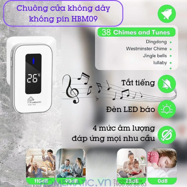 Chuông Cửa Không Dây Không Pin Cao Cấp Homematic T9lw Có đồng Hồ Nhiệt độ Phòng có 38 bản nhạc và 4 mức âm lượng