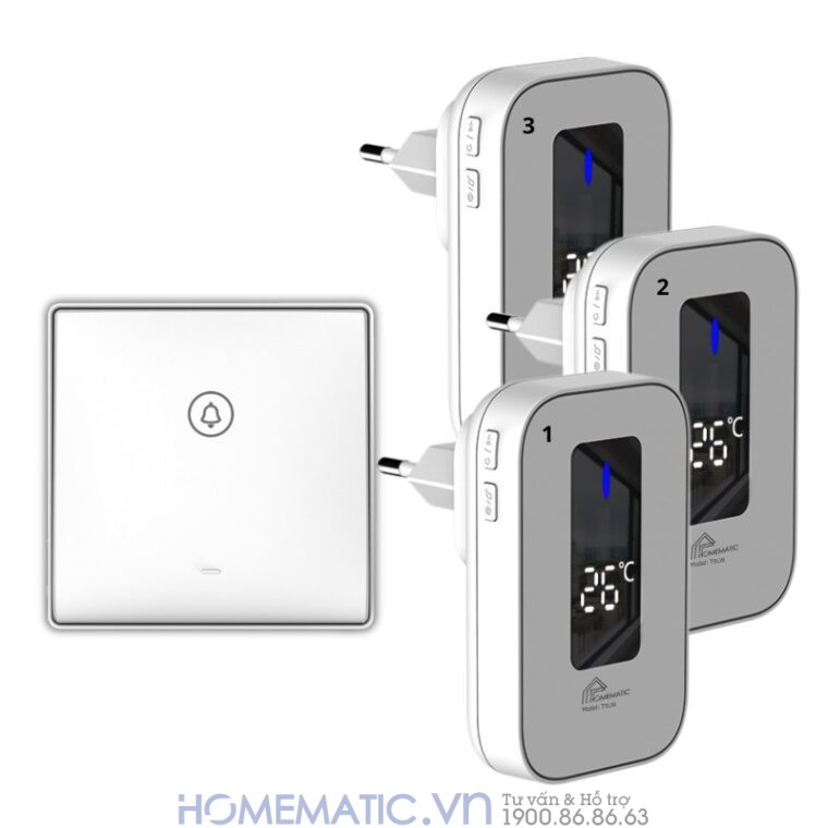 Chuông Cửa Không Dây Không Pin Cao Cấp Homematic T9lw Có đồng Hồ Nhiệt độ Phòng bộ 1 nút 3 loa