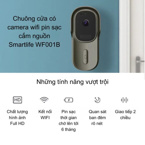 Chuông Cửa Thông Minh Có Camera Wifi Pin Sạc Lớn + Cắm Nguồn Smartlife Wf001b
