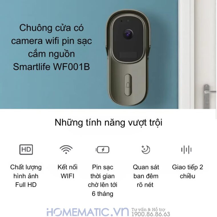 Chuông Cửa Thông Minh Có Camera Wifi Pin Sạc Lớn + Cắm Nguồn Smartlife Wf001b