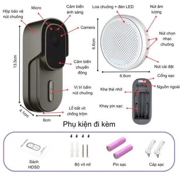 Chuông Cửa Thông Minh Có Camera Wifi Pin Sạc Lớn + Cắm Nguồn Smartlife Wf001b các tính năng