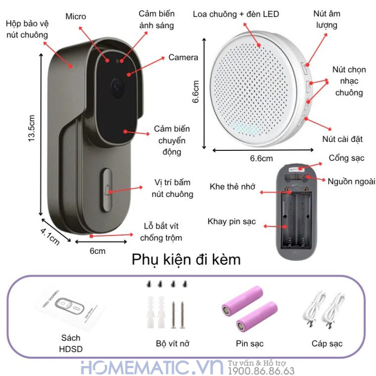 Chuông Cửa Thông Minh Có Camera Wifi Pin Sạc Lớn + Cắm Nguồn Smartlife Wf001b các tính năng Chuông Cửa Thông Minh Có Camera Wifi Pin Sạc Lớn + Cắm Nguồn Smartlife Wf001b các tính năng