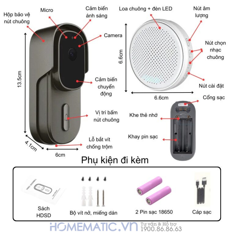 Chuông Cửa Thông Minh Có Camera Wifi Pin Sạc Rời Smartlife Wf001b các tính năng