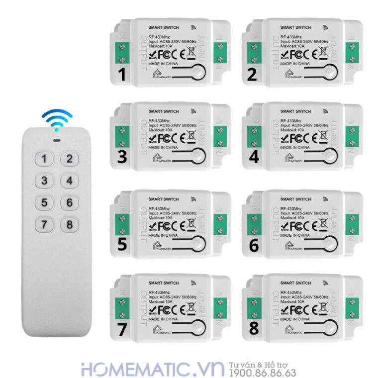 Bộ Công Tắc điện điều Khiển Từ Xa Bằng Remote Hỗ Trợ 8 kênh remote dùng pin AAA