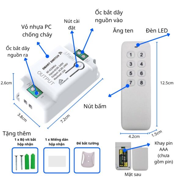 Bộ Công Tắc điện điều Khiển Từ Xa Bằng Remote Hỗ Trợ 8 kênh, các tính năng nổi trội dùng pin AAA