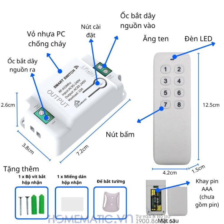 Bộ Công Tắc điện điều Khiển Từ Xa Bằng Remote Hỗ Trợ 8 kênh, các tính năng nổi trội dùng pin AAA
