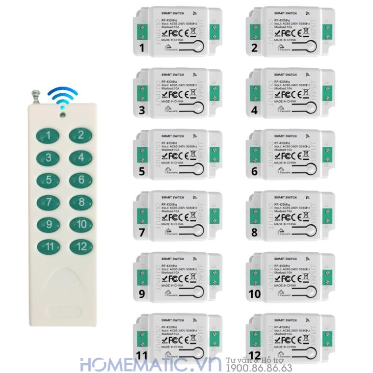 Bộ Công Tắc điện điều Khiển Từ Xa Bằng Remote Hỗ Trợ 12 kênh