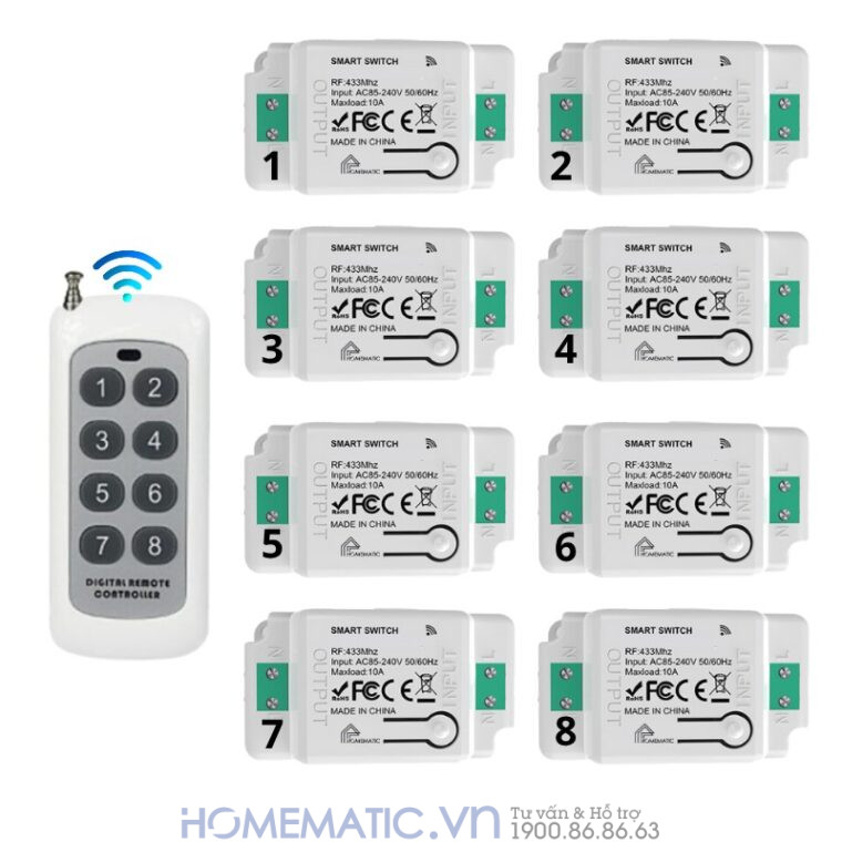 Bộ Công Tắc điện điều Khiển Từ Xa Bằng Remote Hỗ Trợ 8 kênh