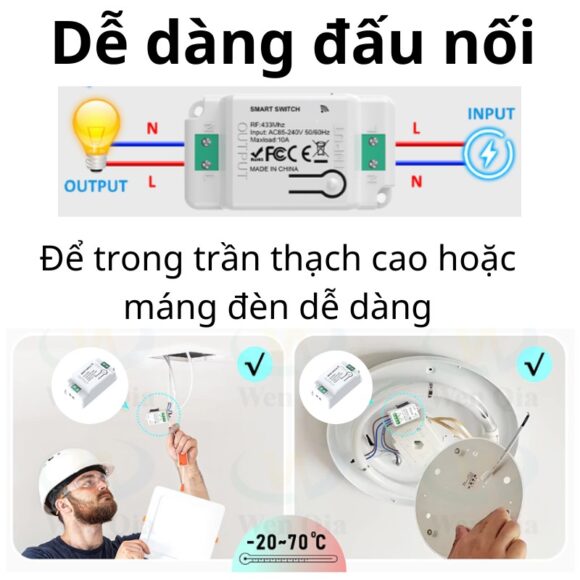 Bộ Công Tắc điện điều Khiển Từ Xa Bằng Remote Whk01-4 đấu nối dễ dàng