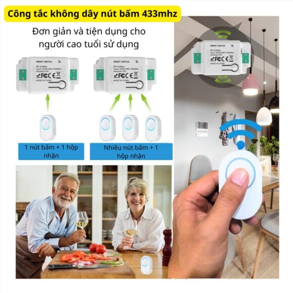 Bộ Công Tắc điện điều Khiển Từ Xa Bằng Remote Whk01-4 nút bấm sử dụng đơn giản cho người cao tuổi