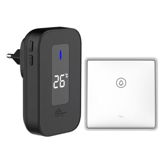 Chuông Cửa Không Dây Không Pin Cao Cấp Homematic T9lw Có đồng Hồ Nhiệt độ Phòng loa đen + nút bấm trắng