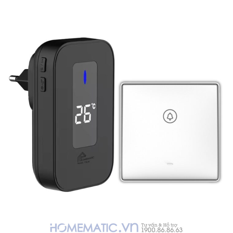 Chuông Cửa Không Dây Không Pin Cao Cấp Homematic T9lw Có đồng Hồ Nhiệt độ Phòng loa đen + nút bấm trắng