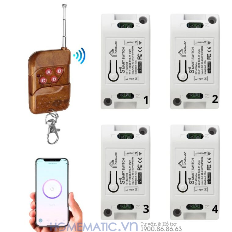 Bộ Công Tắc điện điều Khiển Từ Xa 4 Kênh Bằng Remote Và Wifi Whk02-4 Mới