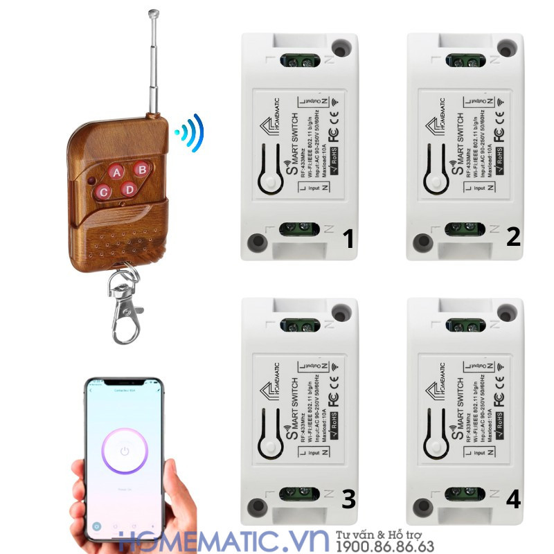 Bộ Công Tắc điện điều Khiển Từ Xa 4 Kênh Bằng Remote Và Wifi Whk02-4 Mới