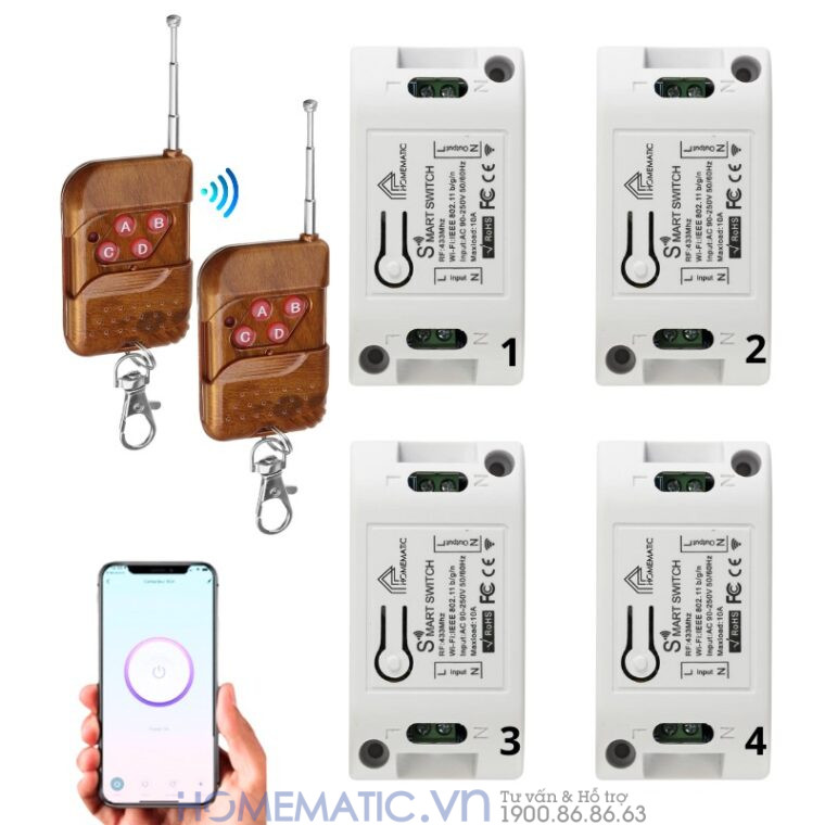 Bộ Công Tắc điện điều Khiển Từ Xa 4 Kênh Bằng Remote Và Wifi Whk02-4 Mới