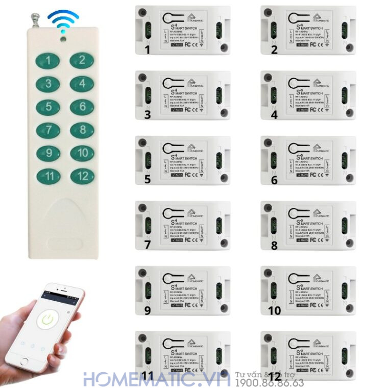 Bộ Công Tắc điện Thông Minh Wifi Hỗ Trợ điều Khiển Từ Xa Bằng Remote 8-12 Kênh Whk02-812