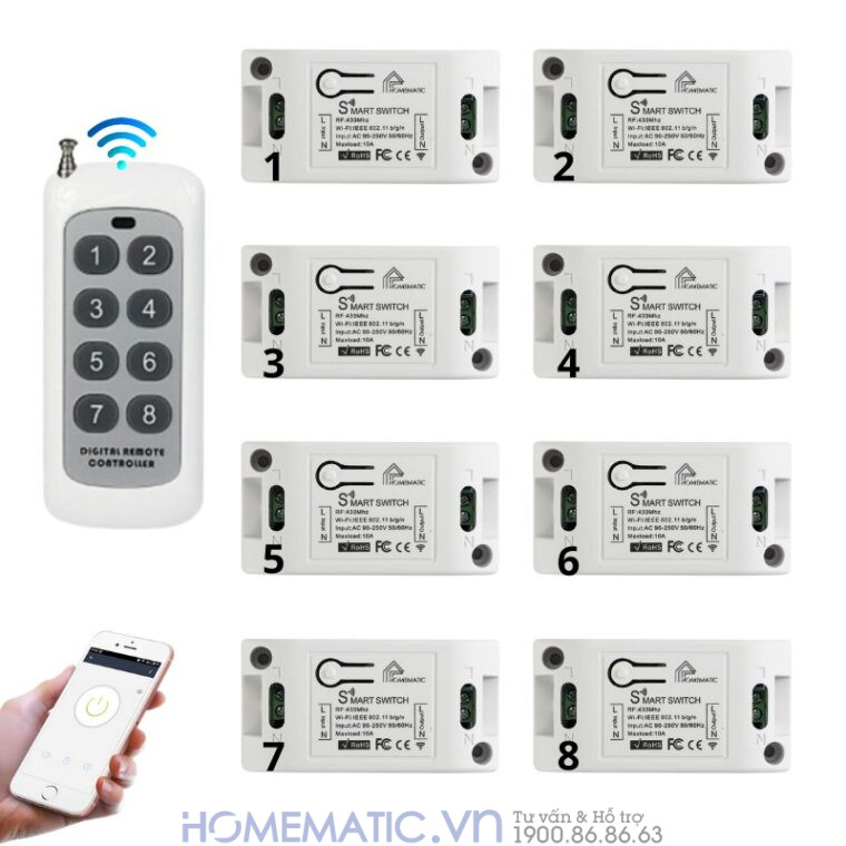 Bộ Công Tắc điện Thông Minh Wifi Hỗ Trợ điều Khiển Từ Xa Bằng Remote 8-12 Kênh Whk02-812