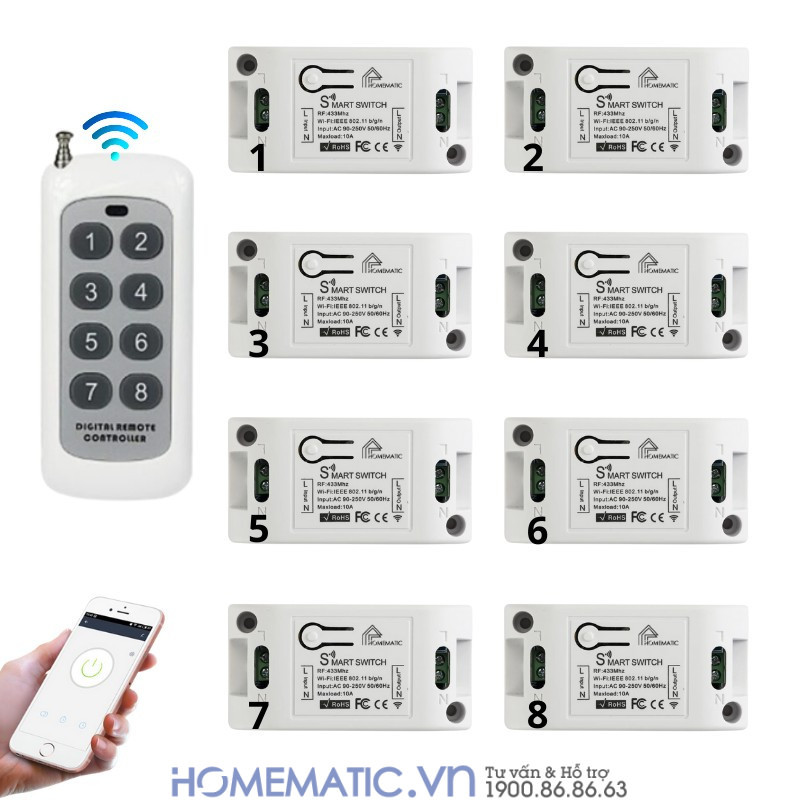 Bộ Công Tắc điện Thông Minh Wifi Hỗ Trợ điều Khiển Từ Xa Bằng Remote 8-12 Kênh Whk02-812