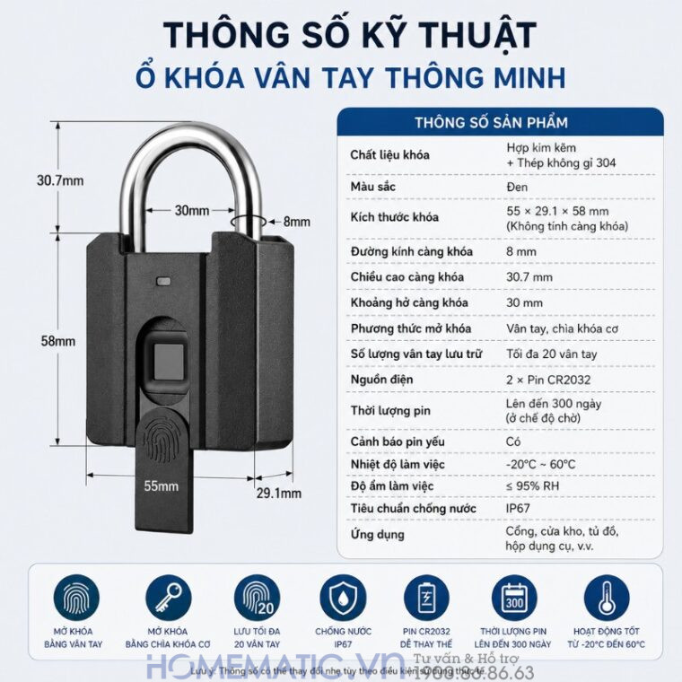 Ổ Khóa Vân Tay Cửa Cổng Chống Nước Càng 8mm Exsmith P04